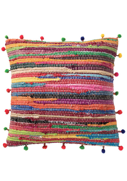 Recycled Rag Rug Cushion Cover With Pom Poms