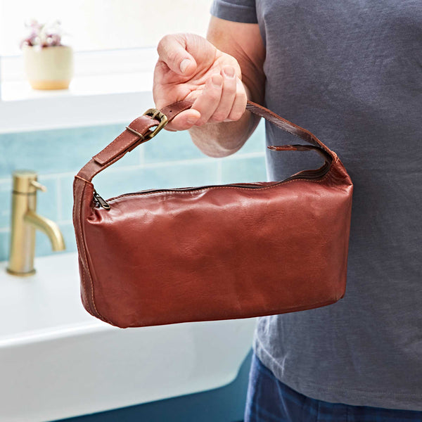 Brown Leather Wash Bag with Strap