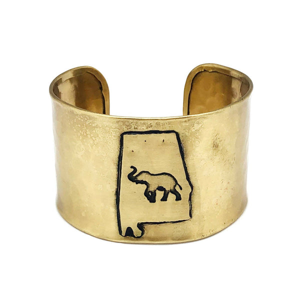 Antique Brass Adjustable Cuff Bracelet - Alabama w/ Elephant