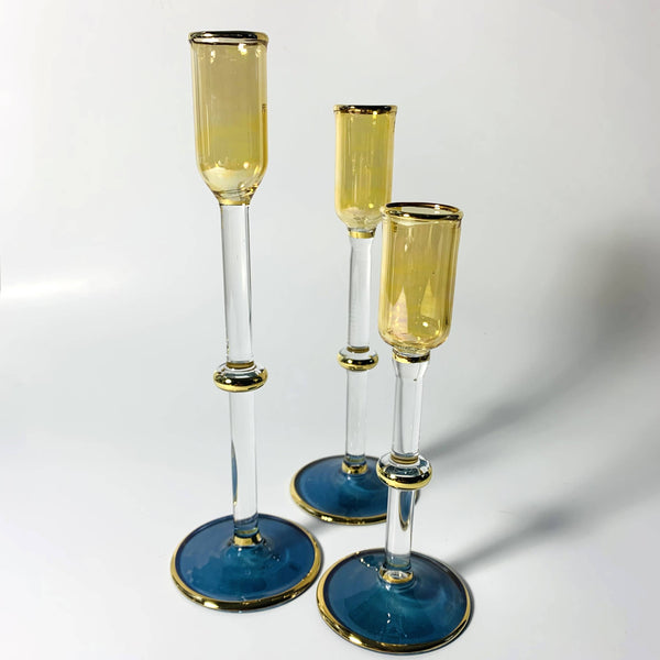 Long Stem Blown Glass Candle Holder - Tulip Yellow/short