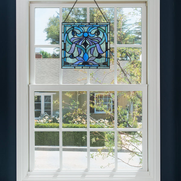 12"H Ilsa Blue, Purple & Green  Stained Glass Window Panel