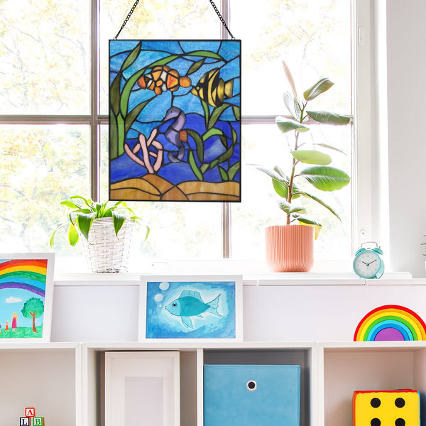 14" Marine Life Underwater Stained Glass Window Panel