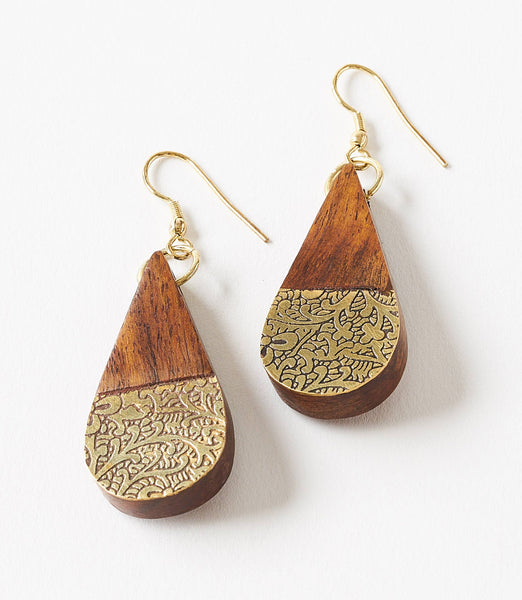Earth and Fire Teardrop Earrings - Wood, Etched Brass