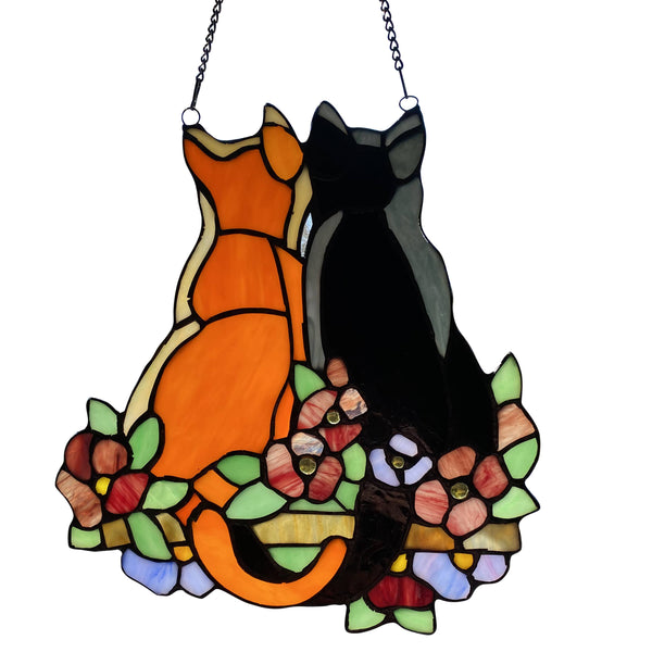 12.5"H Callie Cats Orange & Black Stained Glass Window Panel