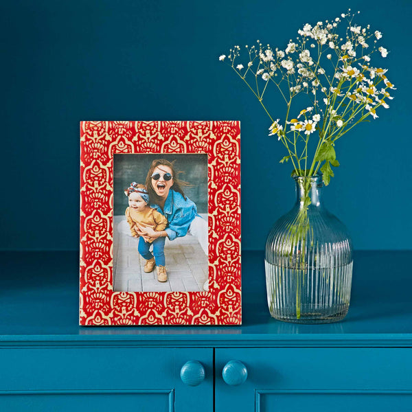 Red Floral Mango Wood Photo Frame