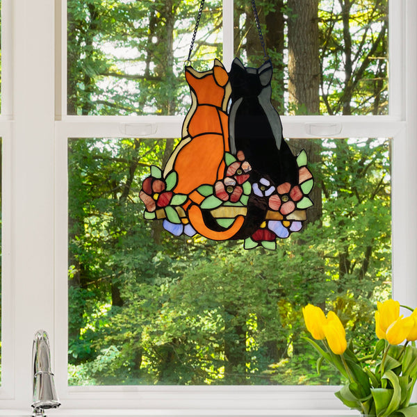 12.5"H Callie Cats Orange & Black Stained Glass Window Panel