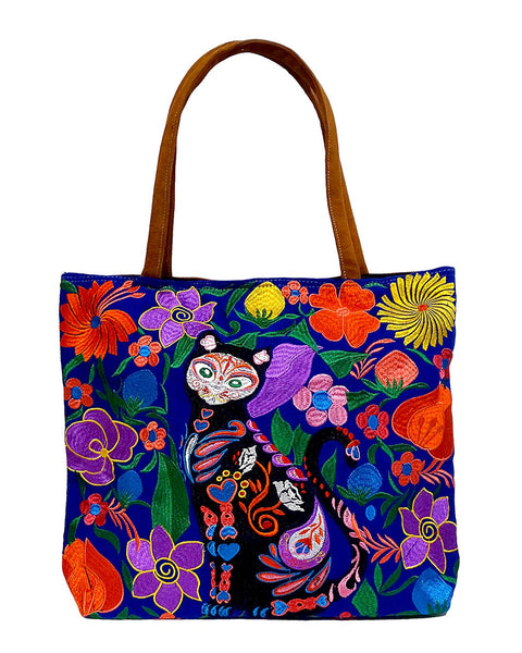 Embroidered Sugar Skull Cat Large Suede Purse Tote Bag