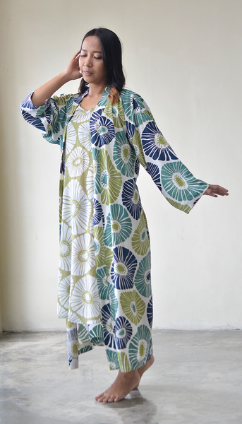 Kimono Robe Rayon | Retro Flower Green Blue