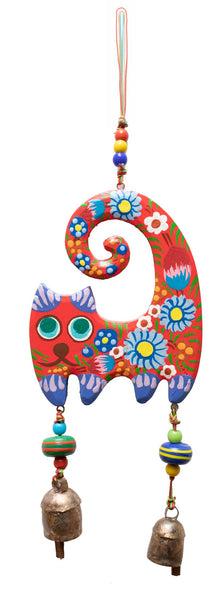 A Cat Blooms/Red/Hand Painted/Beads & Bells