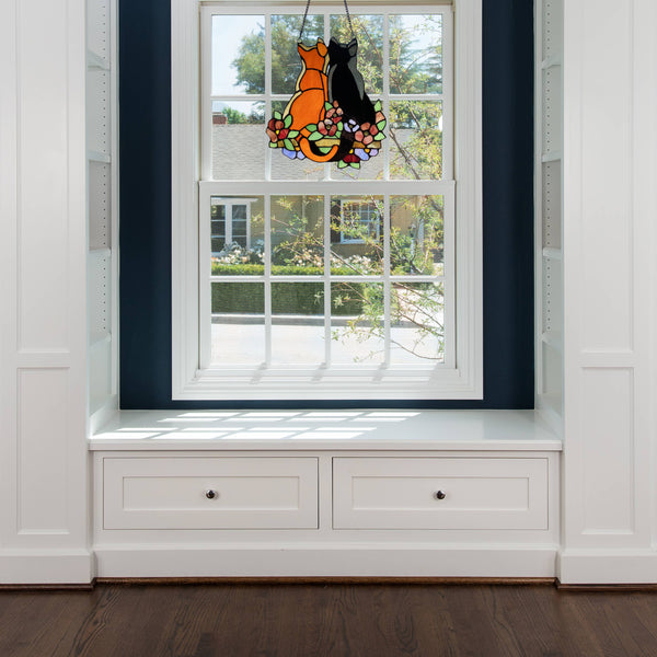 12.5"H Callie Cats Orange & Black Stained Glass Window Panel