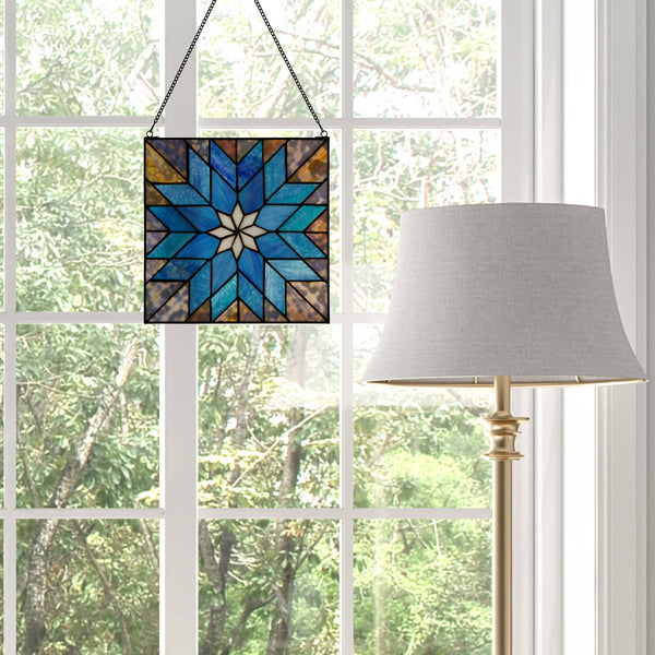 12"H Blue Quilt Square Stained Glass Window Panel