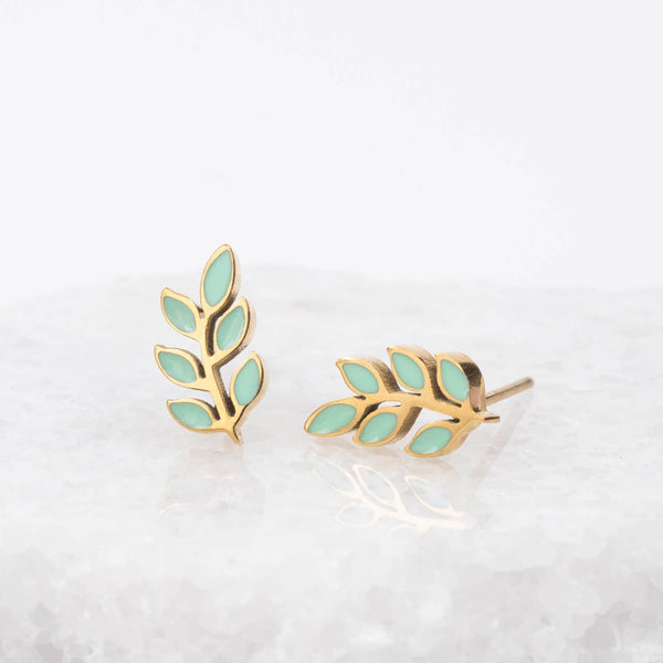 Rowen Leaf Stud Earrings- Gold Plated Leaf Design Studs Mint Green Stud Earrings