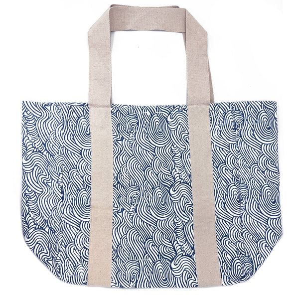 Handcrafted Canvas Bag with Block-Printed Blue waves
