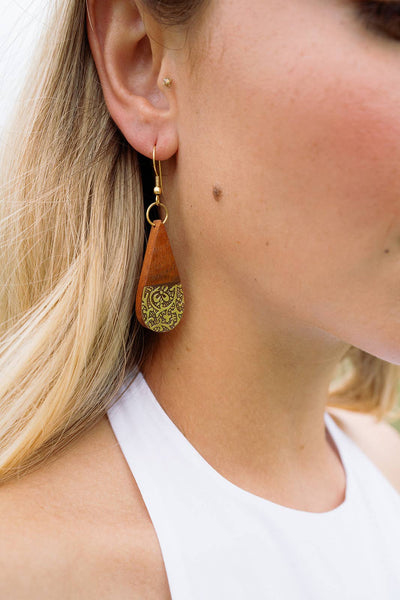 Earth and Fire Teardrop Earrings - Wood, Etched Brass