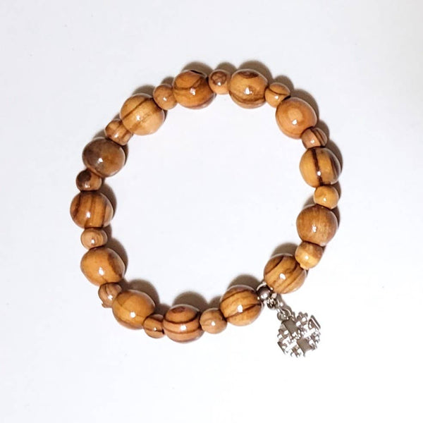 Olive Wood Bead Bracelet with Jerusalem Cross