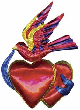 2-Heart w/Bird Ribbon Tin Ornament, Mexico