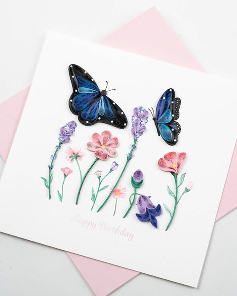 Quilled Birthday Flowers & Blue Butterflies Greeting Card