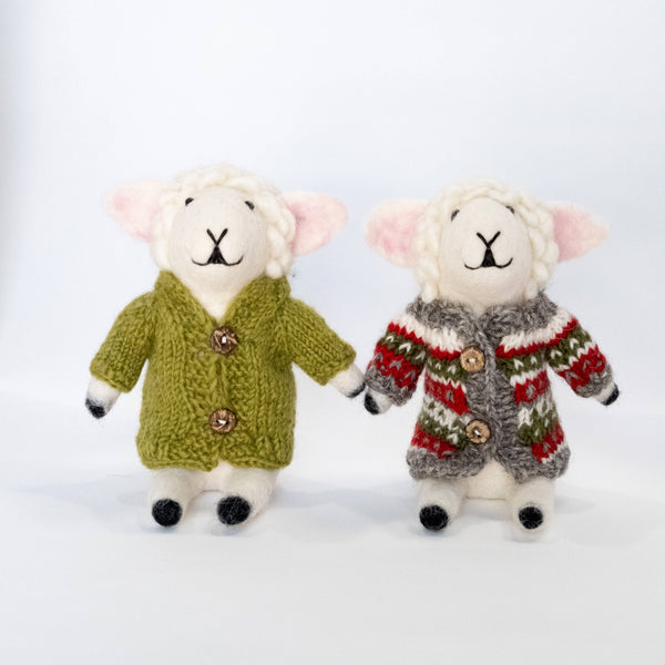Sitting Sheep with Handknit Sweaters