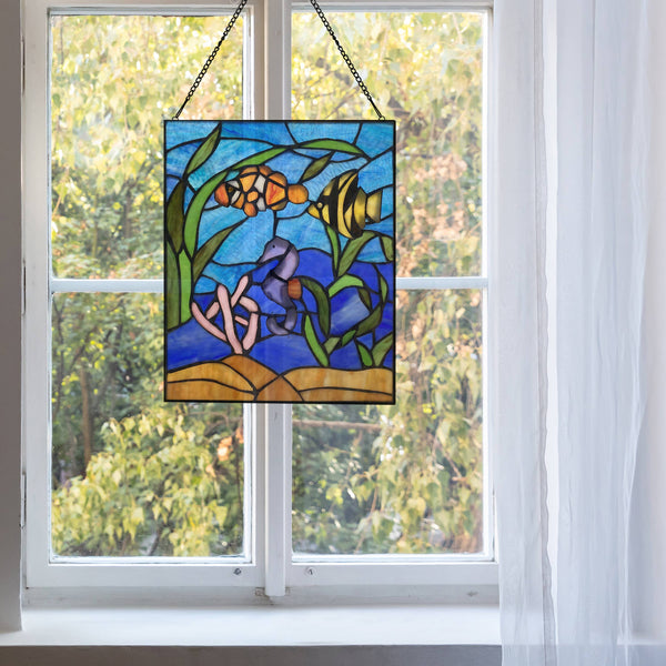 14" Marine Life Underwater Stained Glass Window Panel