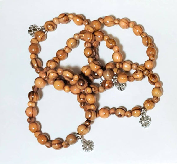 Olive Wood Bead Bracelet with Jerusalem Cross