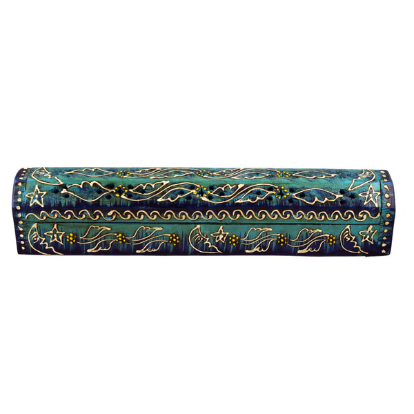 Hand Painted Wooden Incense Box (12 in.) - Blue & Teal