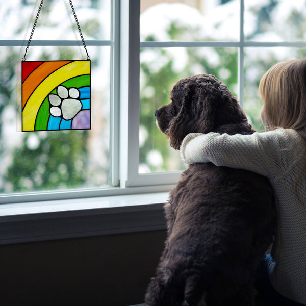 7"H Rainbow Paw Print Tiffany Stained Glass Window Panel
