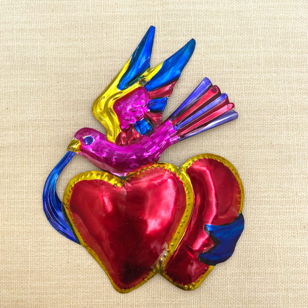 2-Heart w/Bird Ribbon Tin Ornament, Mexico