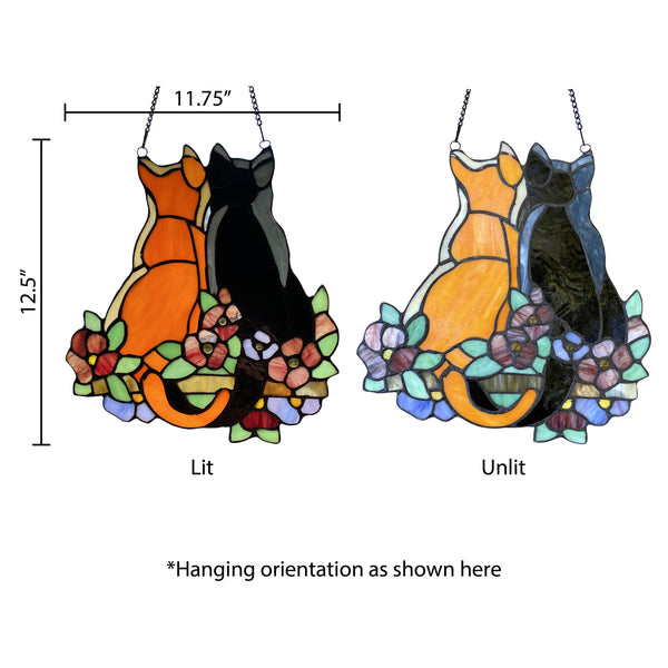 12.5"H Callie Cats Orange & Black Stained Glass Window Panel
