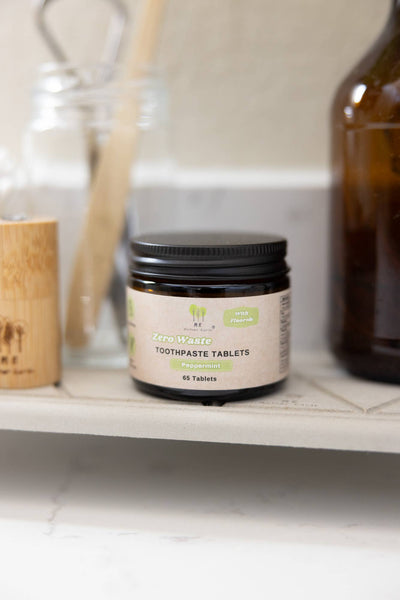 Toothpaste Tablets in Refillable Amber Glass Jars