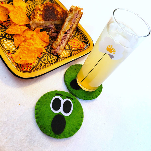 Green Surprised Emoji Felted Wool Drink Coaster