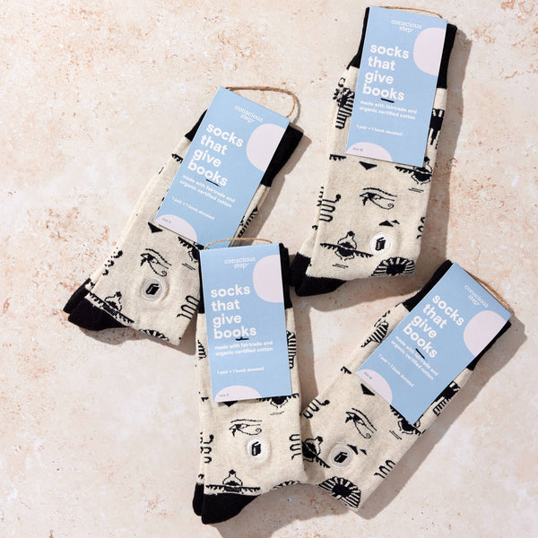 Socks that Give Books -Ivory Hieroglyphics/Small