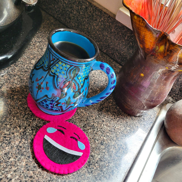 Pink Laughing Emoji Felted Wool Drink Coaster