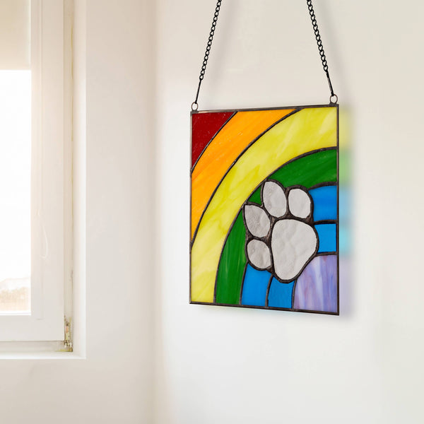 7"H Rainbow Paw Print Tiffany Stained Glass Window Panel