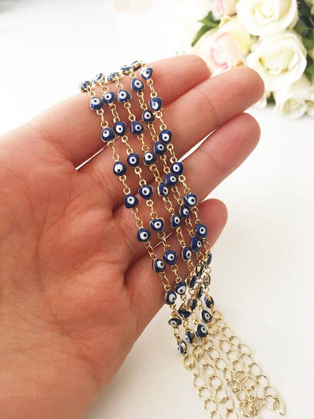 Blue Evil Eye Bracelet, Minimalist Gold Chain Bracelet, Blue Evil Eye Bead