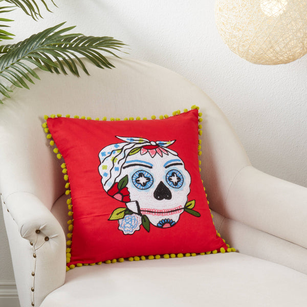Sugar Skull Pom Pom Pillow