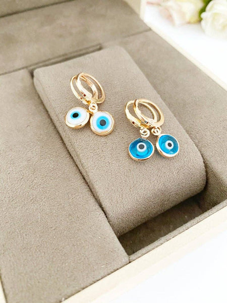 Evil Eye Earrings, Blue Glass Evil Eye Beads, Hoop Earrings, Rose Gold Earrings