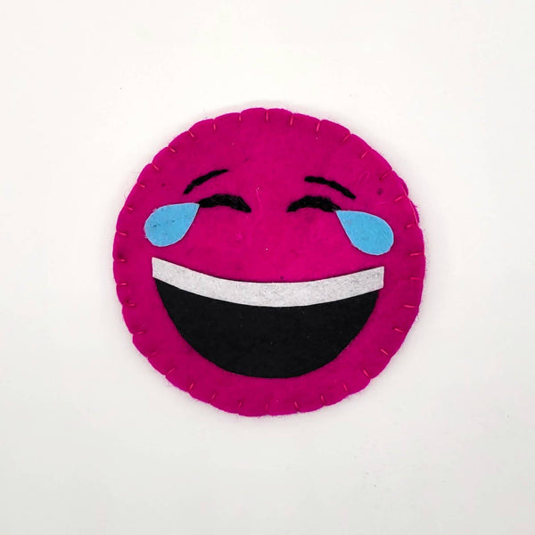 Pink Laughing Emoji Felted Wool Drink Coaster