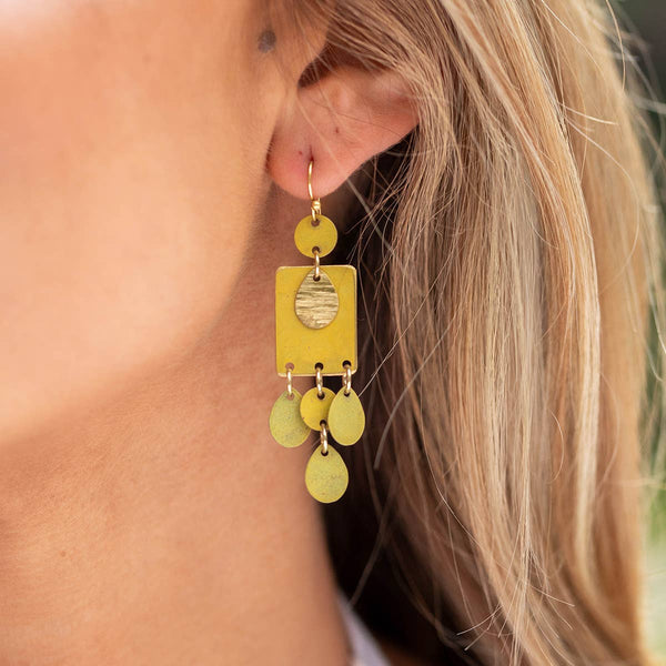 Brass Patina Earrings - Green Abstract Shaped Dangles