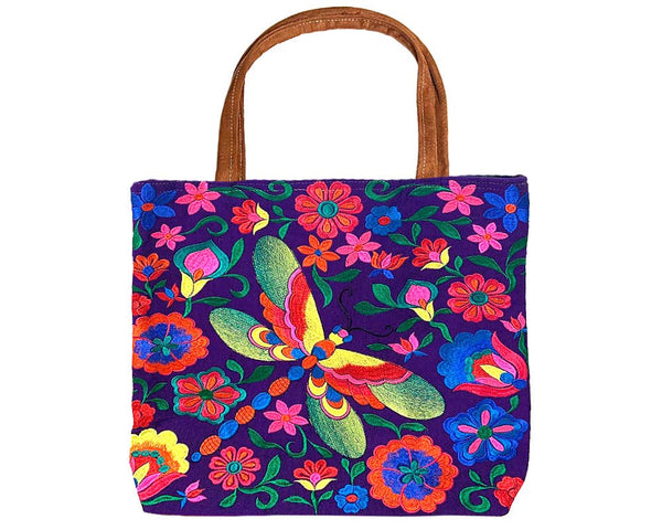 Embroidered Floral Dragonfly Large Suede Purse Tote Bag