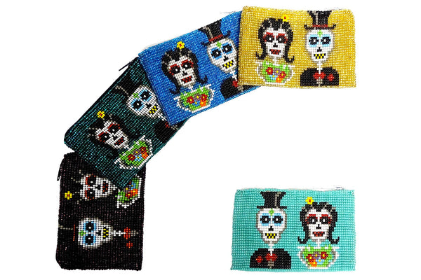 Beaded Day of the Dead Seed Bead Coin Purse Pouch