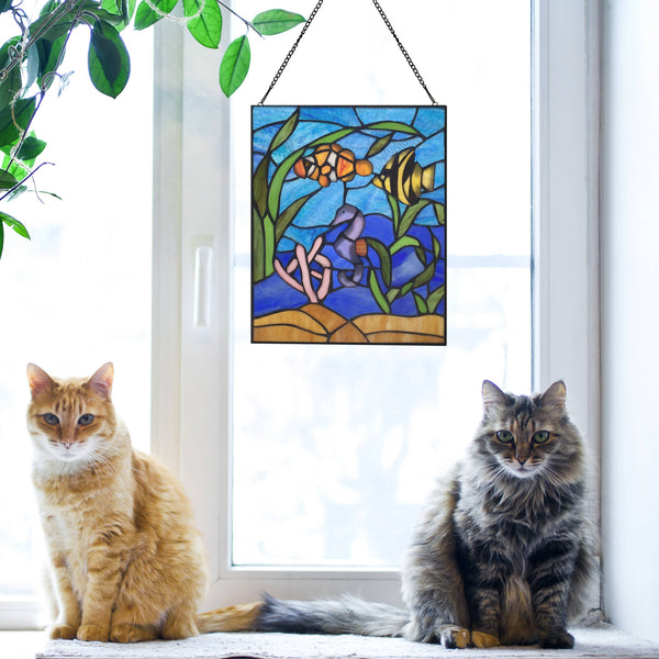 14" Marine Life Underwater Stained Glass Window Panel