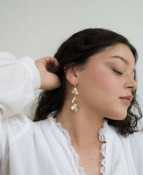 Sayuri Ginkgo Leaf Triple Drop Statement Earring - Gold
