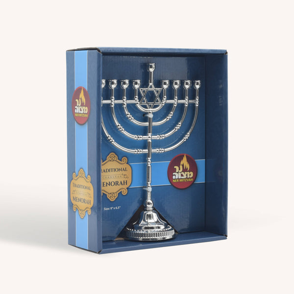 Candle Menorah - 9 inches - Traditional - Silvertone Finish