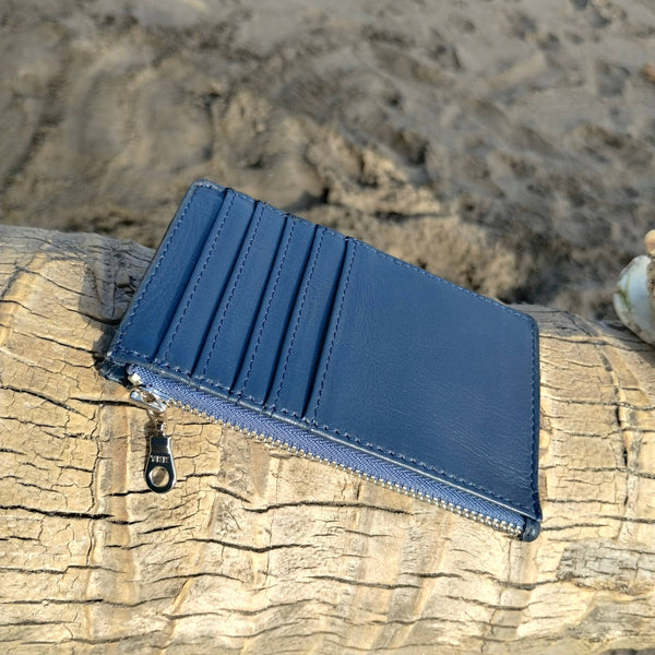 Zippered Card Wallet - Navy Blue - Fair Trade  Leather