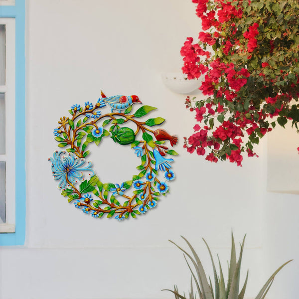 Door Wreath with Bird Painted Haitian Metal Drum Wall Art