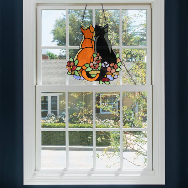 12.5"H Callie Cats Orange & Black Stained Glass Window Panel