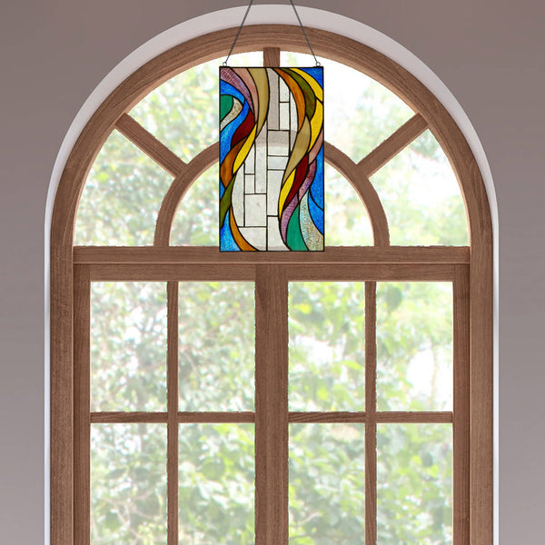 18"H Multicolor Flowing Border Stained Glass Window Panel