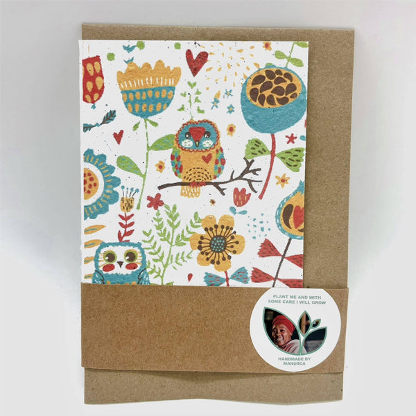 Growing Paper greeting card - Owls and Flowers