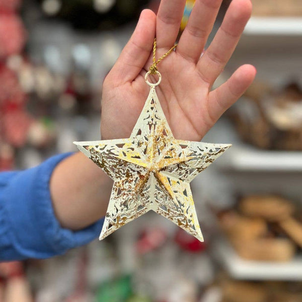 Metal Star Ornament- White & Gold