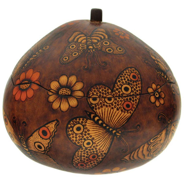 Gourd Box Butterflies and Flowers Burned Hand Carved Peru